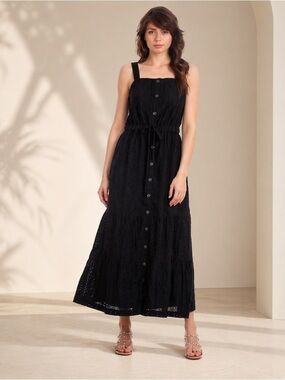 GAP Eyelet Midi Dress Black Cotton Button Front Square Neck Summer Dress 8